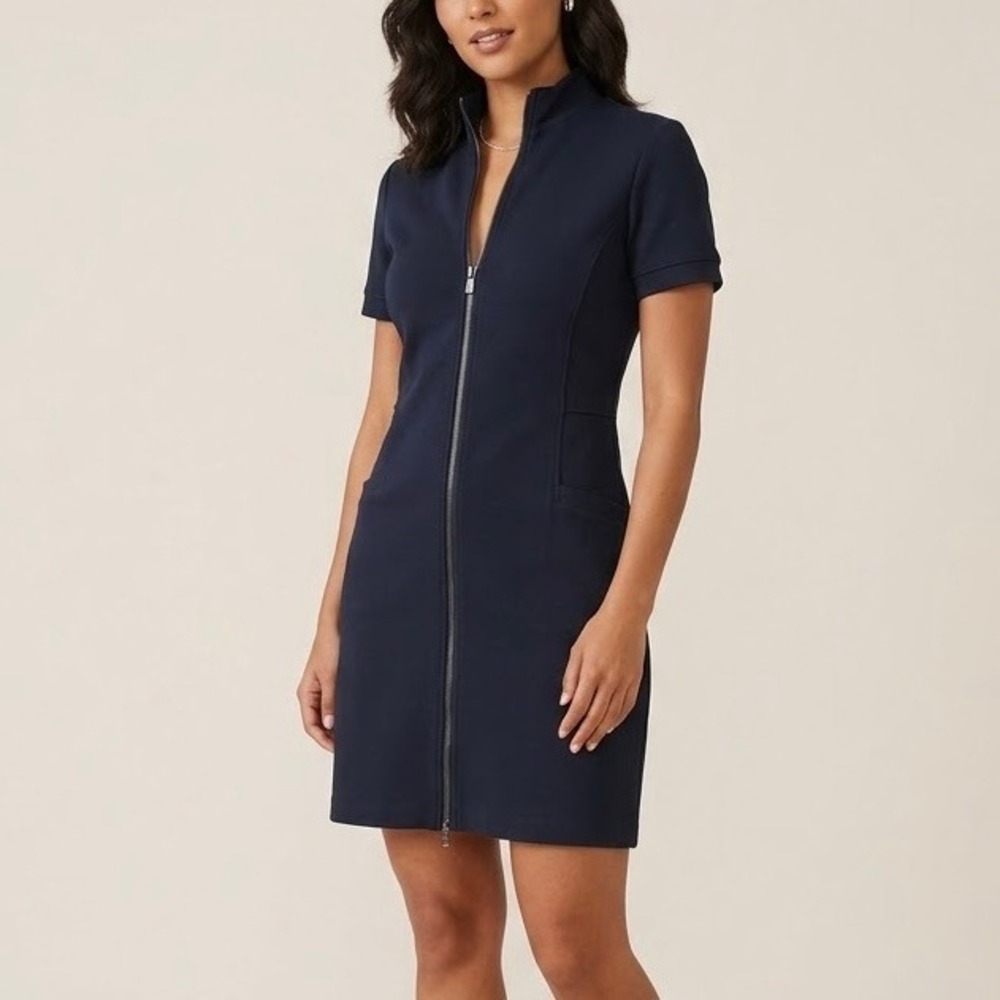 Anatomie Mini Dress Cotton Blend Navy Blue Short Sleeve Full Zip Mock Neck Small